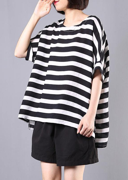 New Cotton Blended Black Striped Short Sleeve Pullover With Elastic Waist Short Two Pieces