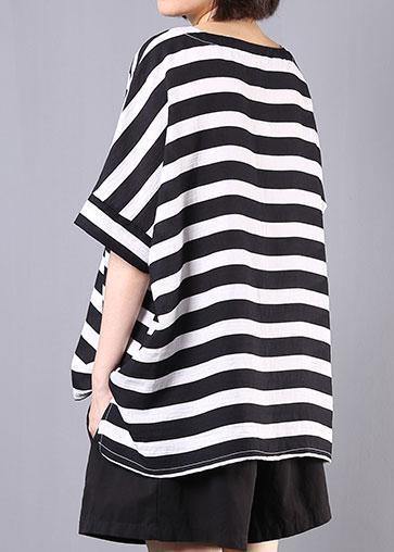 New Cotton Blended Black Striped Short Sleeve Pullover With Elastic Waist Short Two Pieces