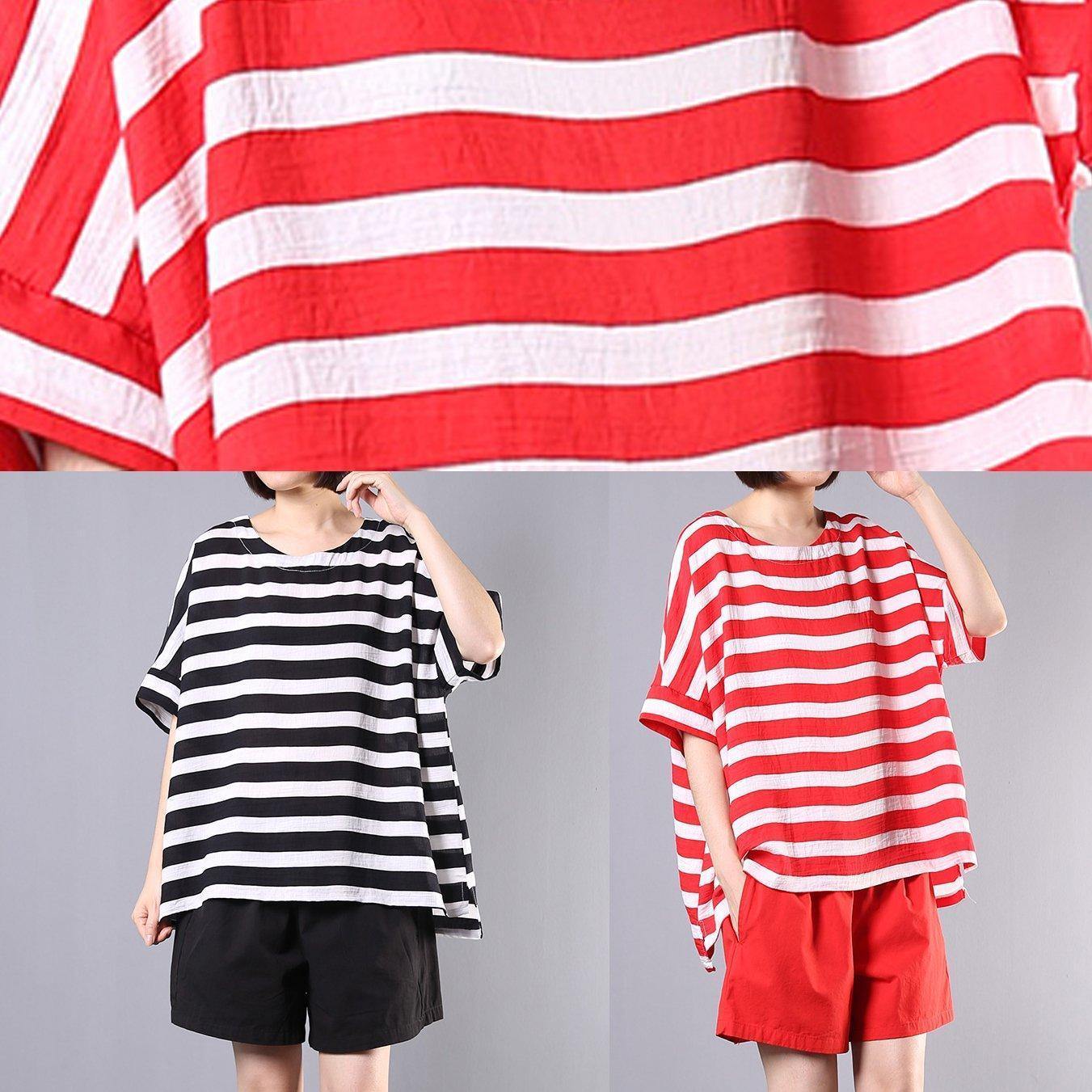 New Cotton Blended Black Striped Short Sleeve Pullover With Elastic Waist Short Two Pieces