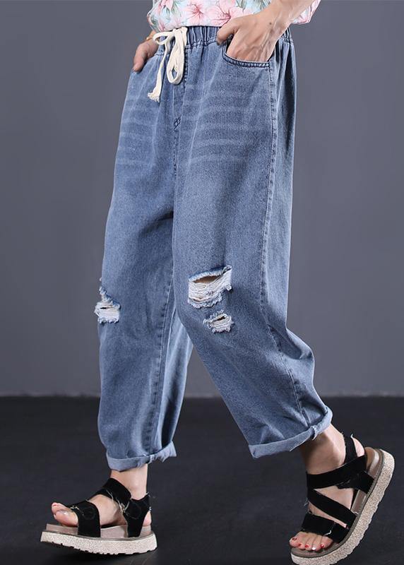 New Denim Blue Pants Elastic Waist Drawstring Ripped Jeans