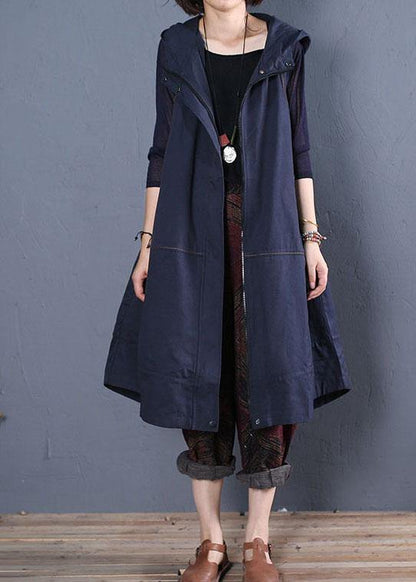 Oversize Long Coat Fall Blue Hooded Sleeveless Jackets