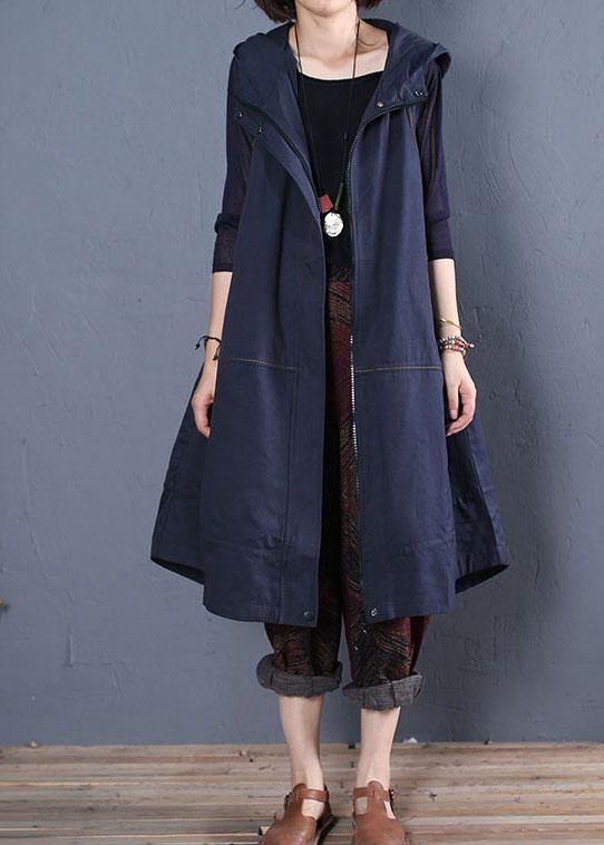 Oversize Long Coat Fall Blue Hooded Sleeveless Jackets