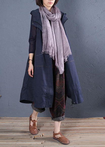 Oversize Long Coat Fall Blue Hooded Sleeveless Jackets