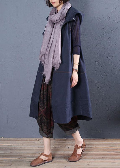 Oversize Long Coat Fall Blue Hooded Sleeveless Jackets