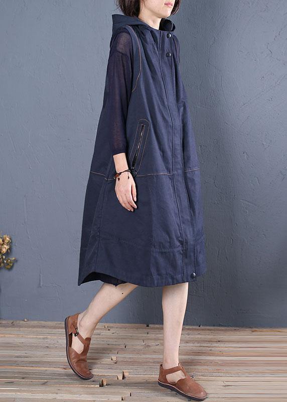 Oversize Long Coat Fall Blue Hooded Sleeveless Jackets