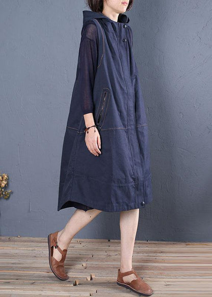Oversize Long Coat Fall Blue Hooded Sleeveless Jackets