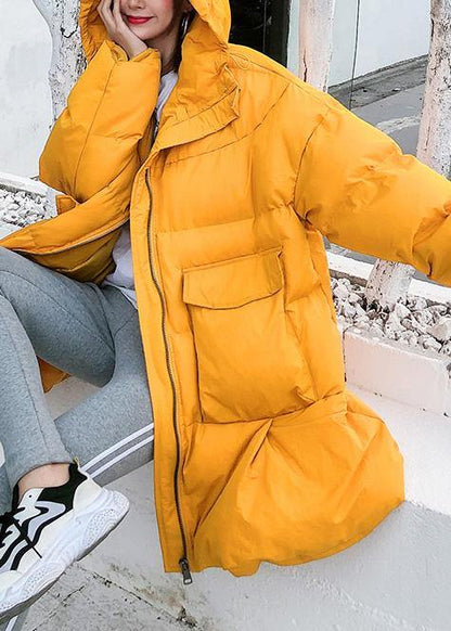 Oversized Down Jacket Big Pockets Winter Outwear Yellow Hooded Coats