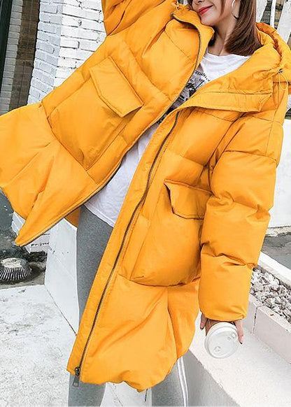 Oversized Down Jacket Big Pockets Winter Outwear Yellow Hooded Coats
