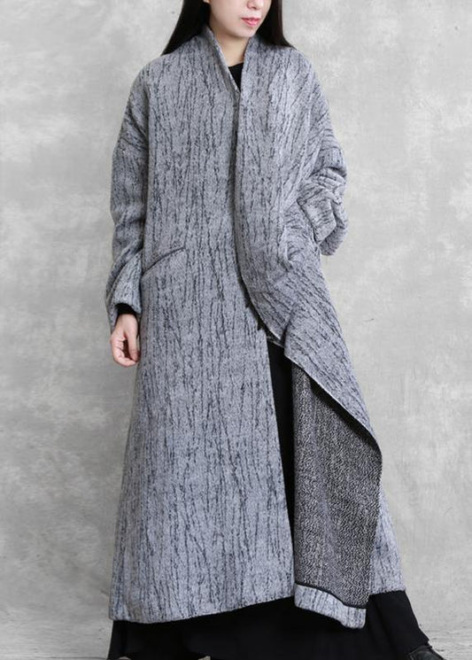 Oversized Long Coat Gray Asymmetric Pockets Woolen Coats