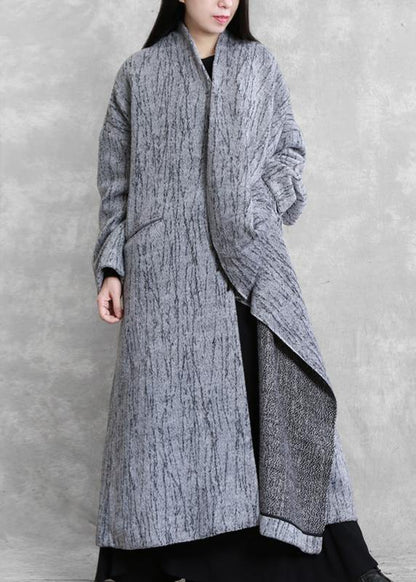 Oversized Long Coat Gray Asymmetric Pockets Woolen Coats