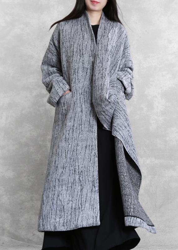 Oversized Long Coat Gray Asymmetric Pockets Woolen Coats