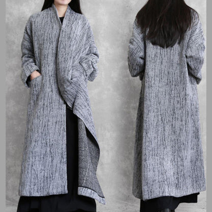Oversized Long Coat Gray Asymmetric Pockets Woolen Coats