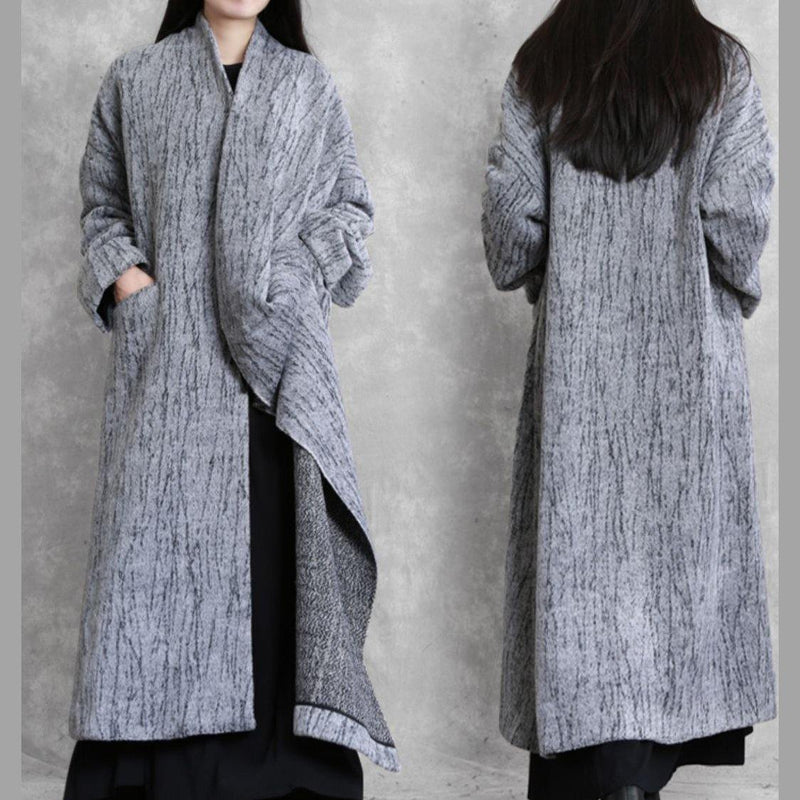 Oversized Long Coat Gray Asymmetric Pockets Woolen Coats