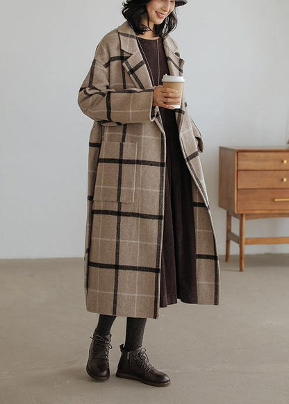 Plaid Wool Coat Notched Pockets Long Woolen Outwear