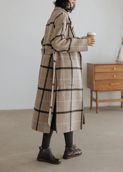Plaid Wool Coat Notched Pockets Long Woolen Outwear