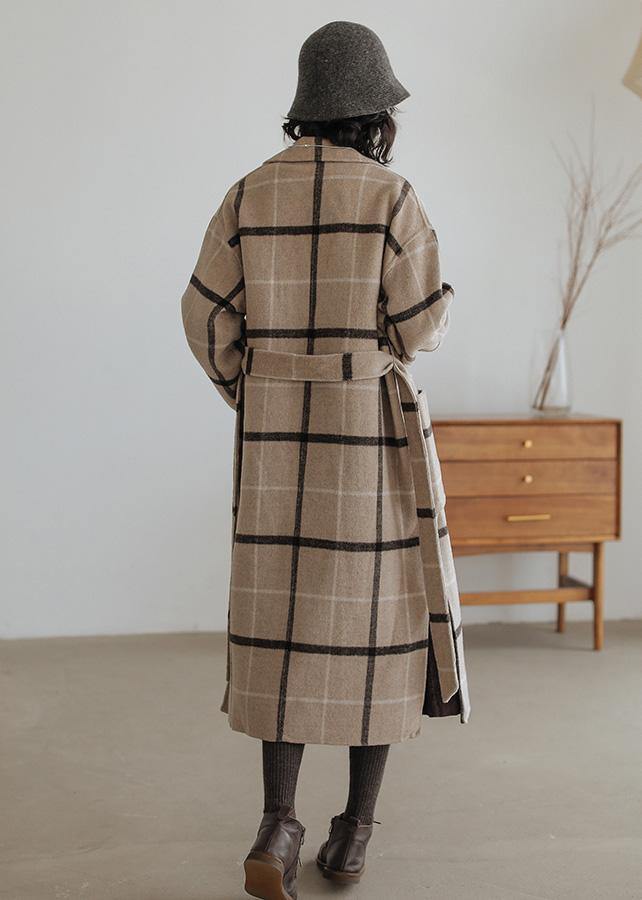 Plaid Wool Coat Notched Pockets Long Woolen Outwear