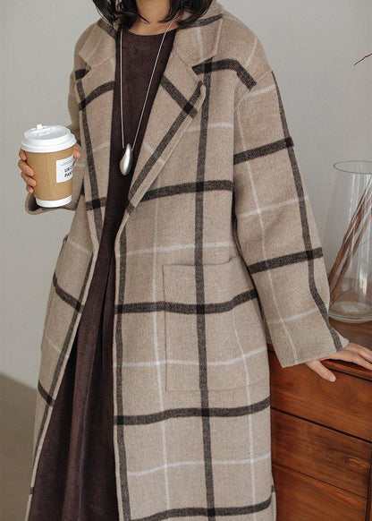 Plaid Wool Coat Notched Pockets Long Woolen Outwear