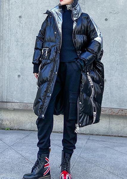 Down Jacket High Neck Winter Coats Black Patchwork Parka
