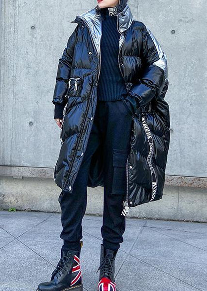 Down Jacket High Neck Winter Coats Black Patchwork Parka
