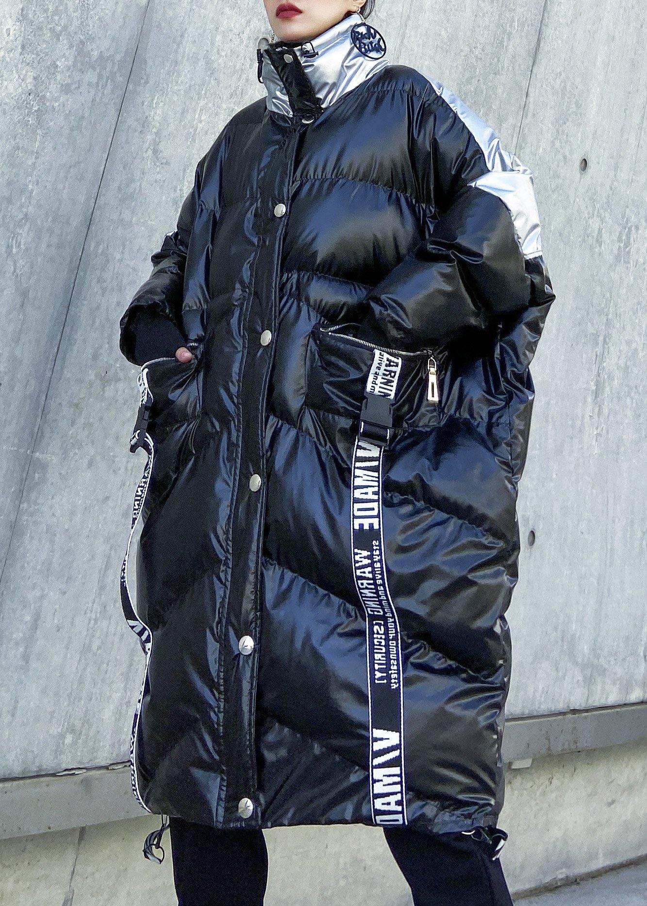 Down Jacket High Neck Winter Coats Black Patchwork Parka