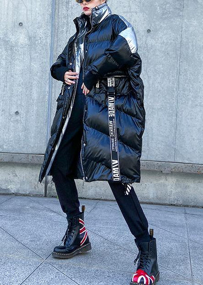 Down Jacket High Neck Winter Coats Black Patchwork Parka