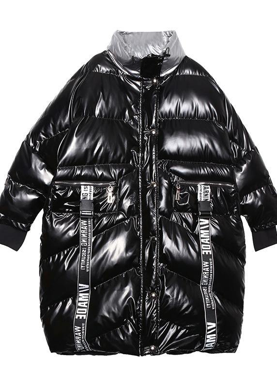 Down Jacket High Neck Winter Coats Black Patchwork Parka