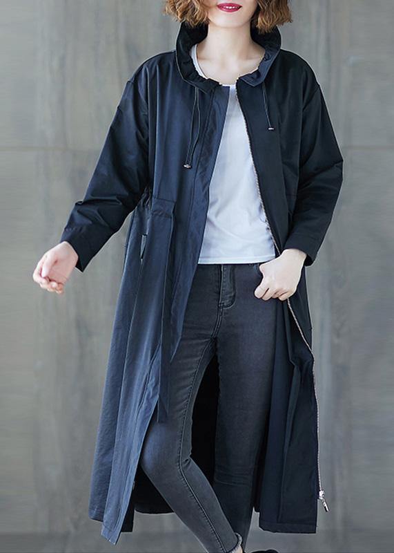 Fall Black Ruffled Drawstring Zippered Coats