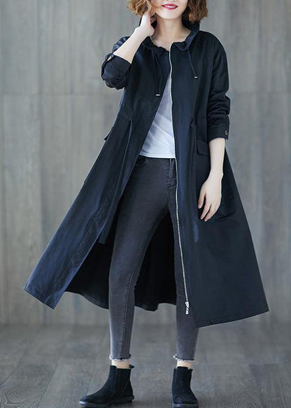 Fall Black Ruffled Drawstring Zippered Coats