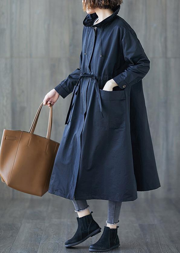 Fall Black Ruffled Drawstring Zippered Coats