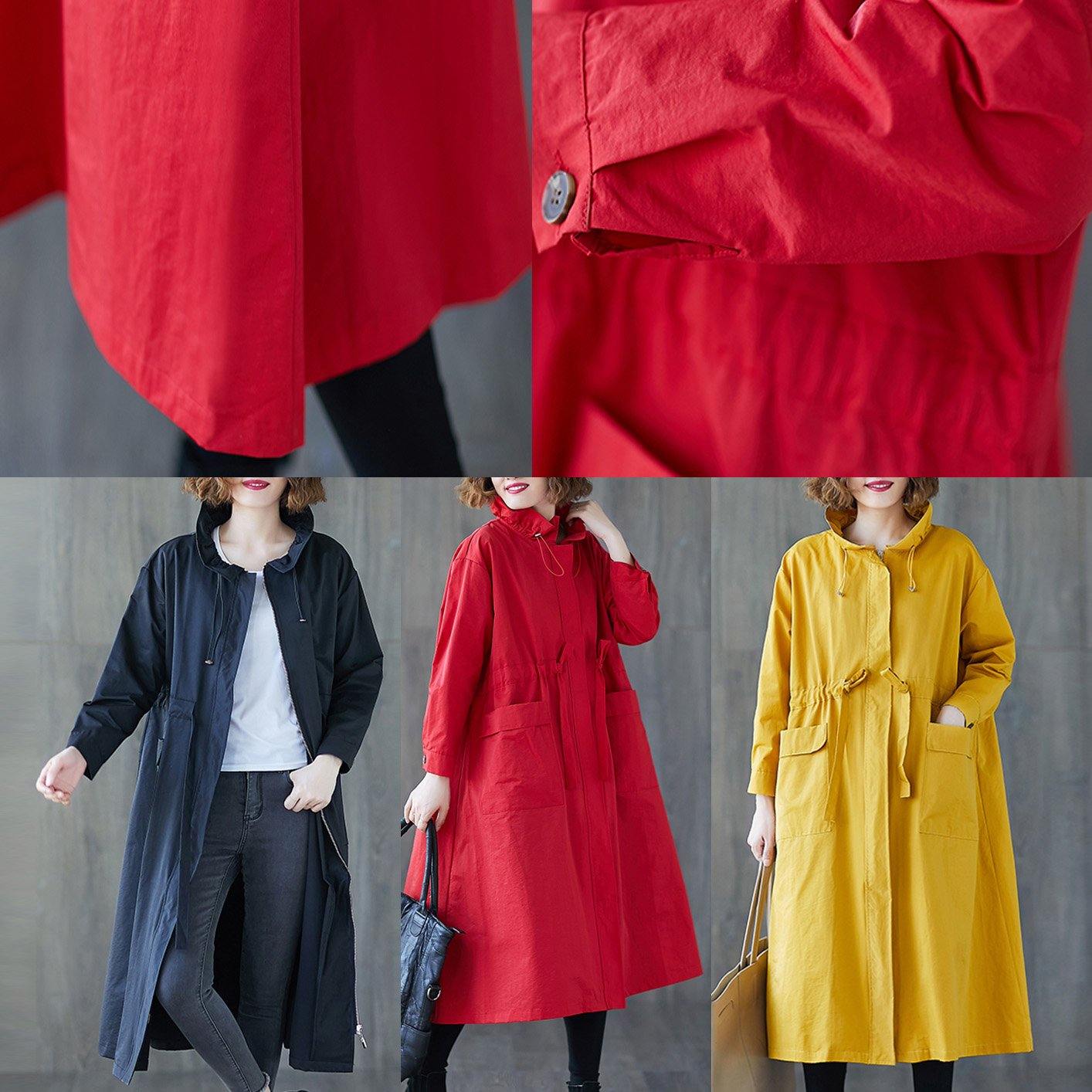 Fall Black Ruffled Drawstring Zippered Coats