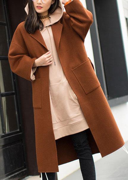 Medium Length Coat Notched Coat Brown Tie Waist Side Open Woolen Coat