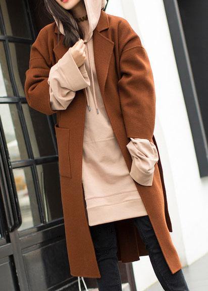 Medium Length Coat Notched Coat Brown Tie Waist Side Open Woolen Coat