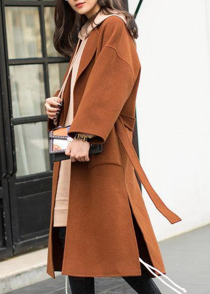 Medium Length Coat Notched Coat Brown Tie Waist Side Open Woolen Coat