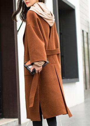 Medium Length Coat Notched Coat Brown Tie Waist Side Open Woolen Coat