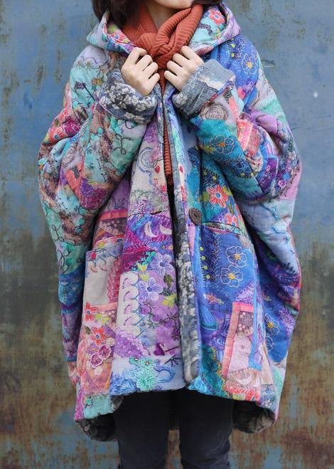 Purple Prints Overcoat Oversized Warm Winter Coat Hooded Patchwork Overcoat