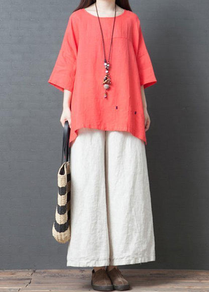 Red Cotton Low High Design T Shirt and White Wide Leg Pants Two Pieces
