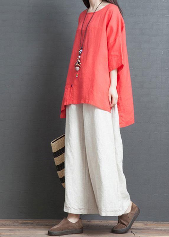 Red Cotton Low High Design T Shirt and White Wide Leg Pants Two Pieces