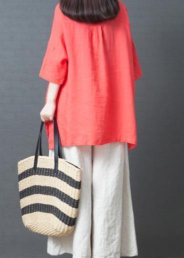 Red Cotton Low High Design T Shirt and White Wide Leg Pants Two Pieces