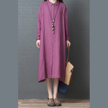 Spring New Red Linen Shirt Dress Long Sleeve Maxi Dress