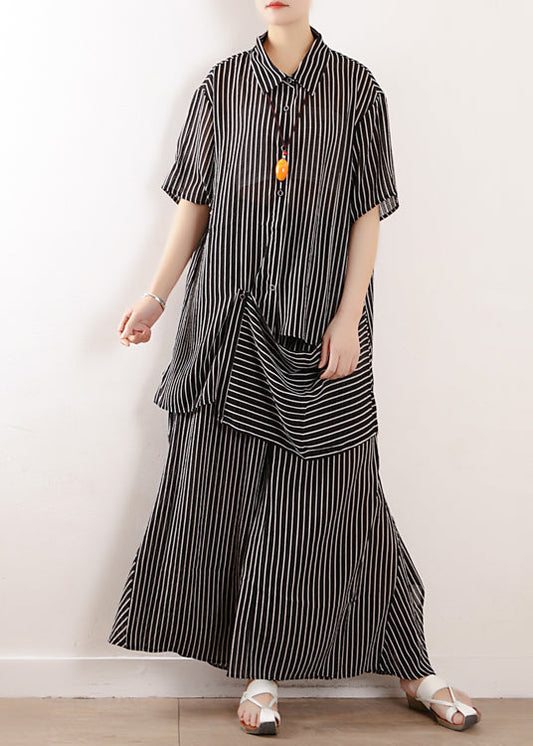 Summer New Black Loose Chiffon Shirt and Wide Leg Pant Two Pieces