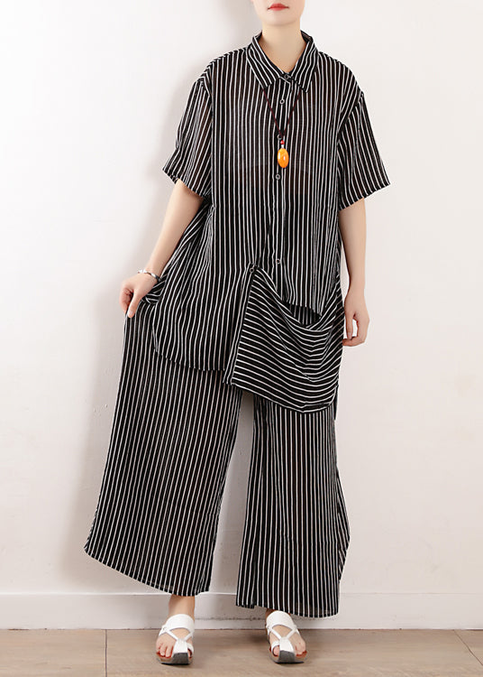 Summer New Black Loose Chiffon Shirt and Wide Leg Pant Two Pieces