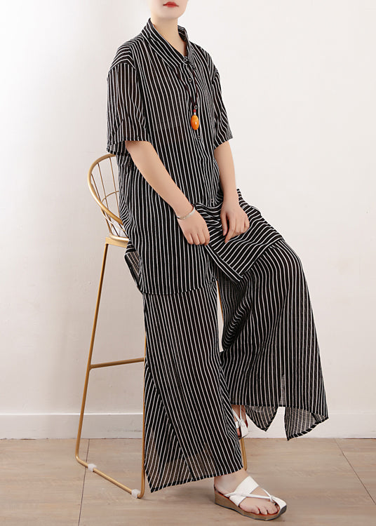 Summer New Black Loose Chiffon Shirt and Wide Leg Pant Two Pieces