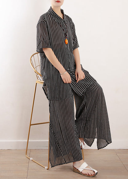 Summer New Black Loose Chiffon Shirt and Wide Leg Pant Two Pieces