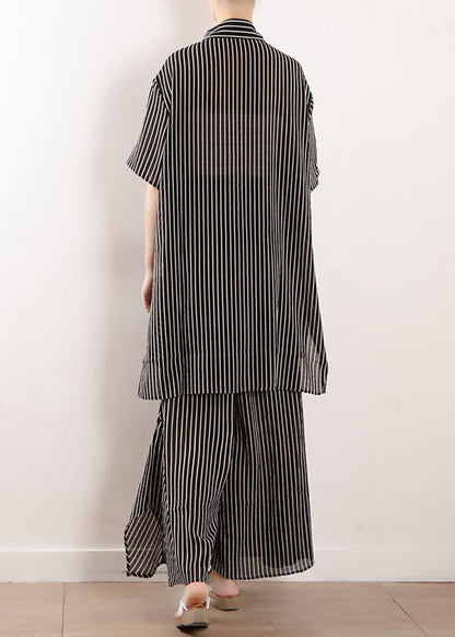Summer New Black Loose Chiffon Shirt and Wide Leg Pant Two Pieces