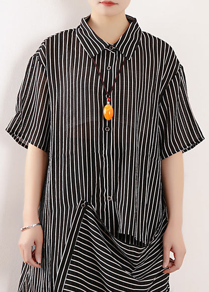 Summer New Black Loose Chiffon Shirt and Wide Leg Pant Two Pieces