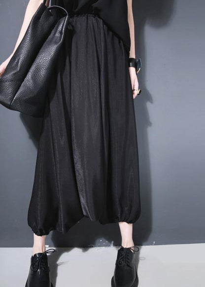 Summer New Black Silk Crop Pants Loose Lantern Pants