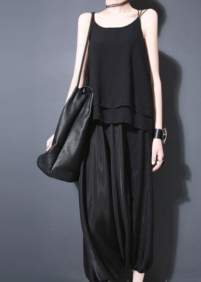 Summer New Black Silk Crop Pants Loose Lantern Pants
