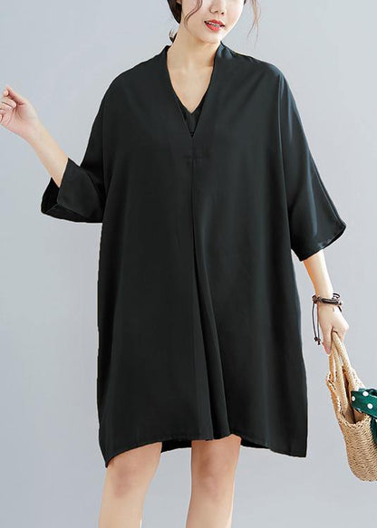 Summer New Chiffon V Neck Half Sleeve Black Dress
