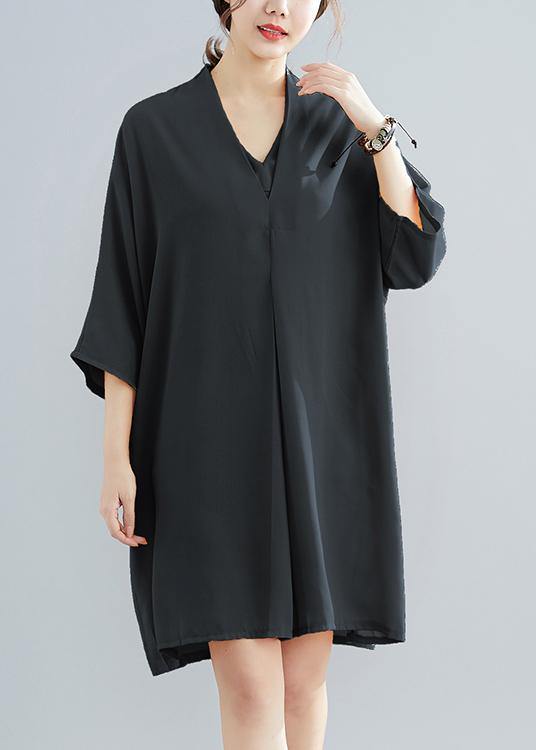 Summer New Chiffon V Neck Half Sleeve Black Dress