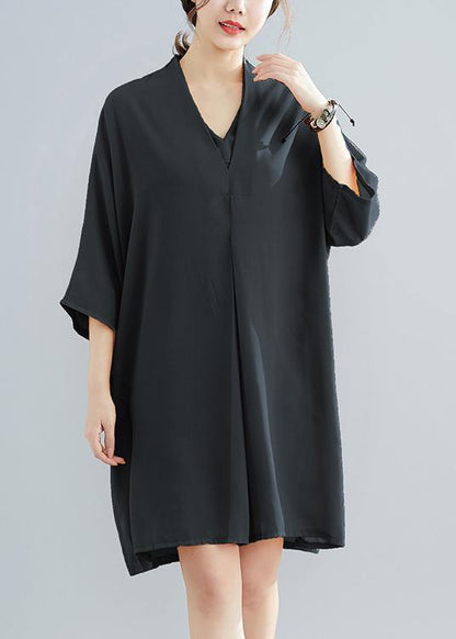 Summer New Chiffon V Neck Half Sleeve Black Dress